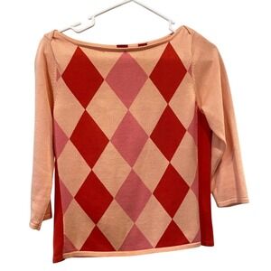 VALERIE STEVENS Petite Sweater Coral Pink Red Diamond Argyle 3/4 Sleeve Womens S